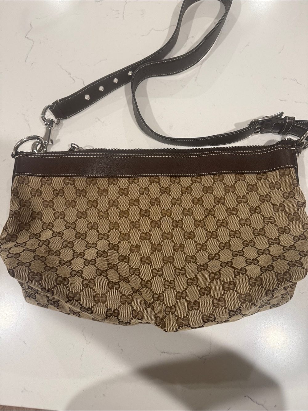 Gucci Beige Brown GG Canvas Shoulder Bag with Dark Brown Trim